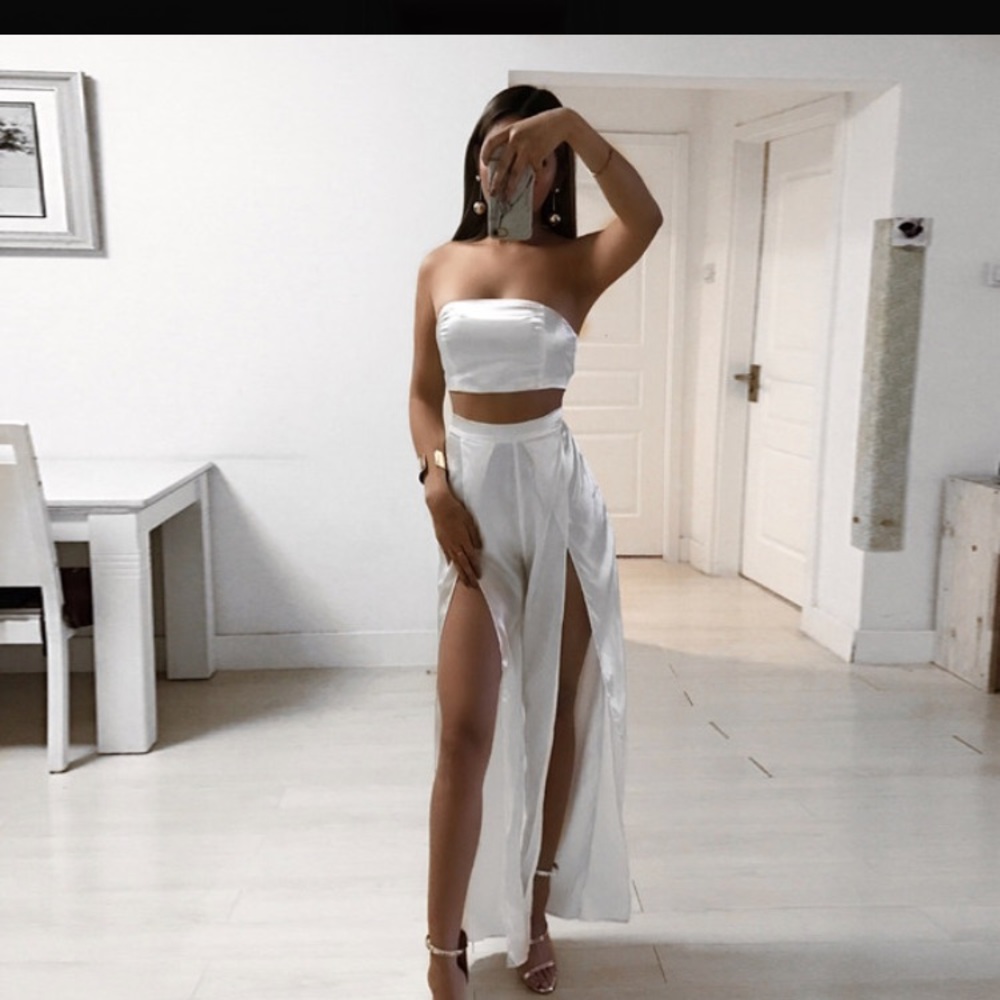 White satin crop top slit legs